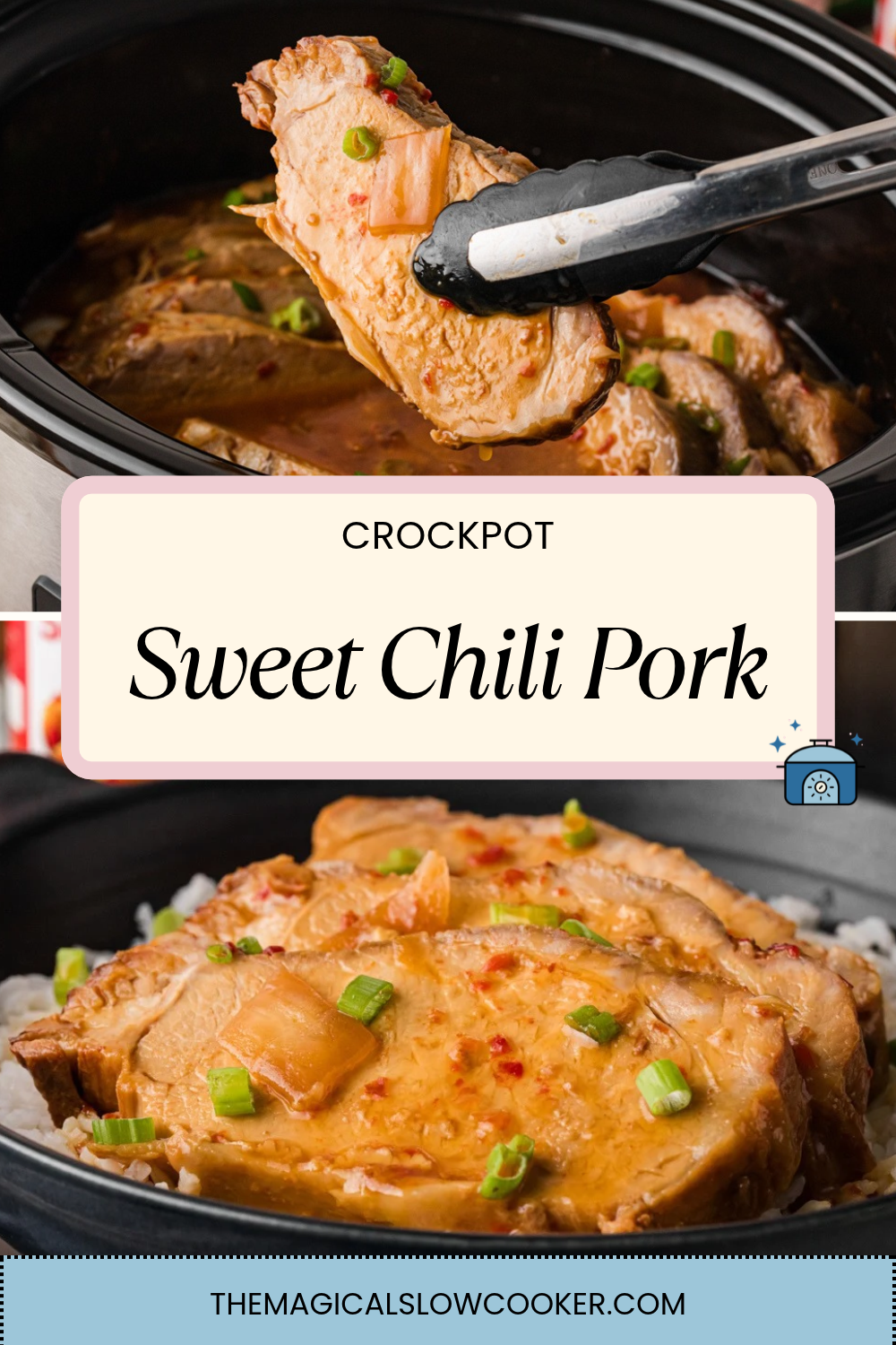 Two images of slow cooker sweet chili pork with text overlay.