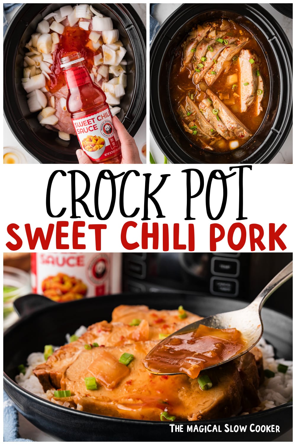 Three images of sweet chili pork for pinterest.