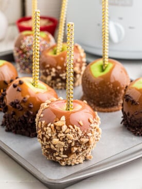 A parchment-lined tray of caramel apples in front of a crockpot.