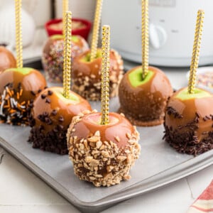 A parchment-lined tray of caramel apples in front of a crockpot.