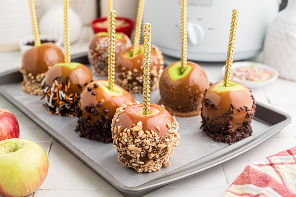 A parchment-lined tray of caramel apples in front of a crockpot.
