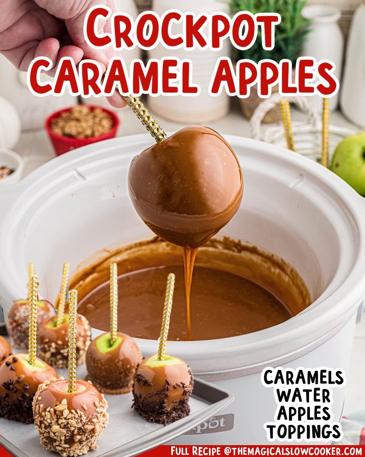Two images of caramel appled with text list of ingredients.
