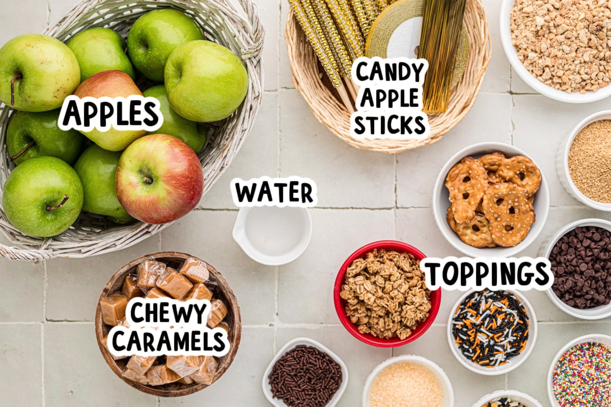 Ingredients for making caramel dipped apples with text labels.