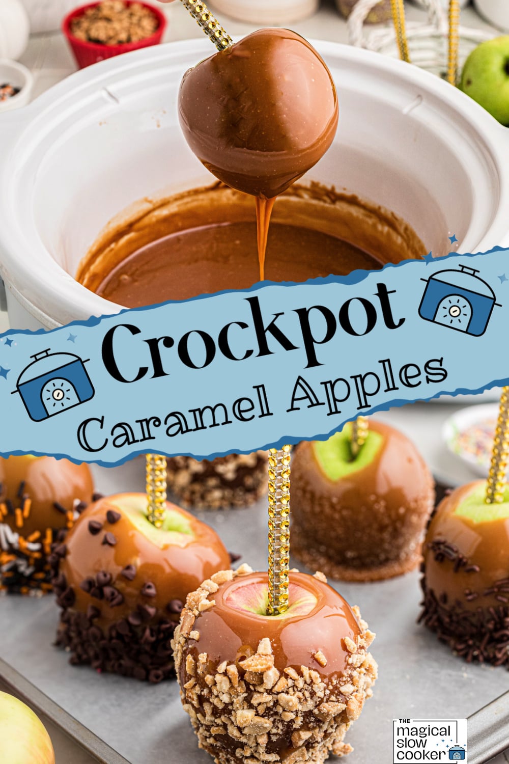 Two images of crockpot caramel apples with title text overlay.