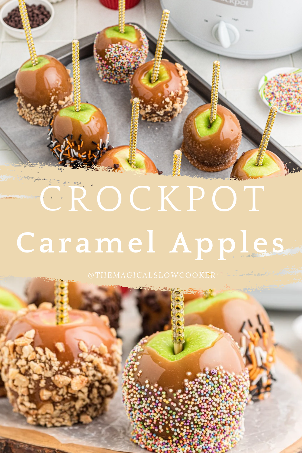 Two images of caramel apples with text overlay.