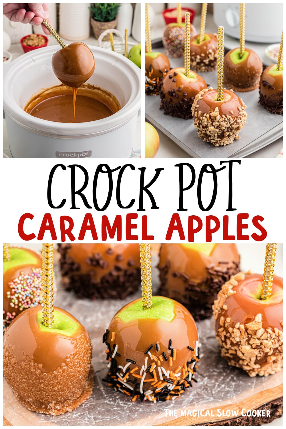 Three images of caramel apples with text overlay for pinterest.